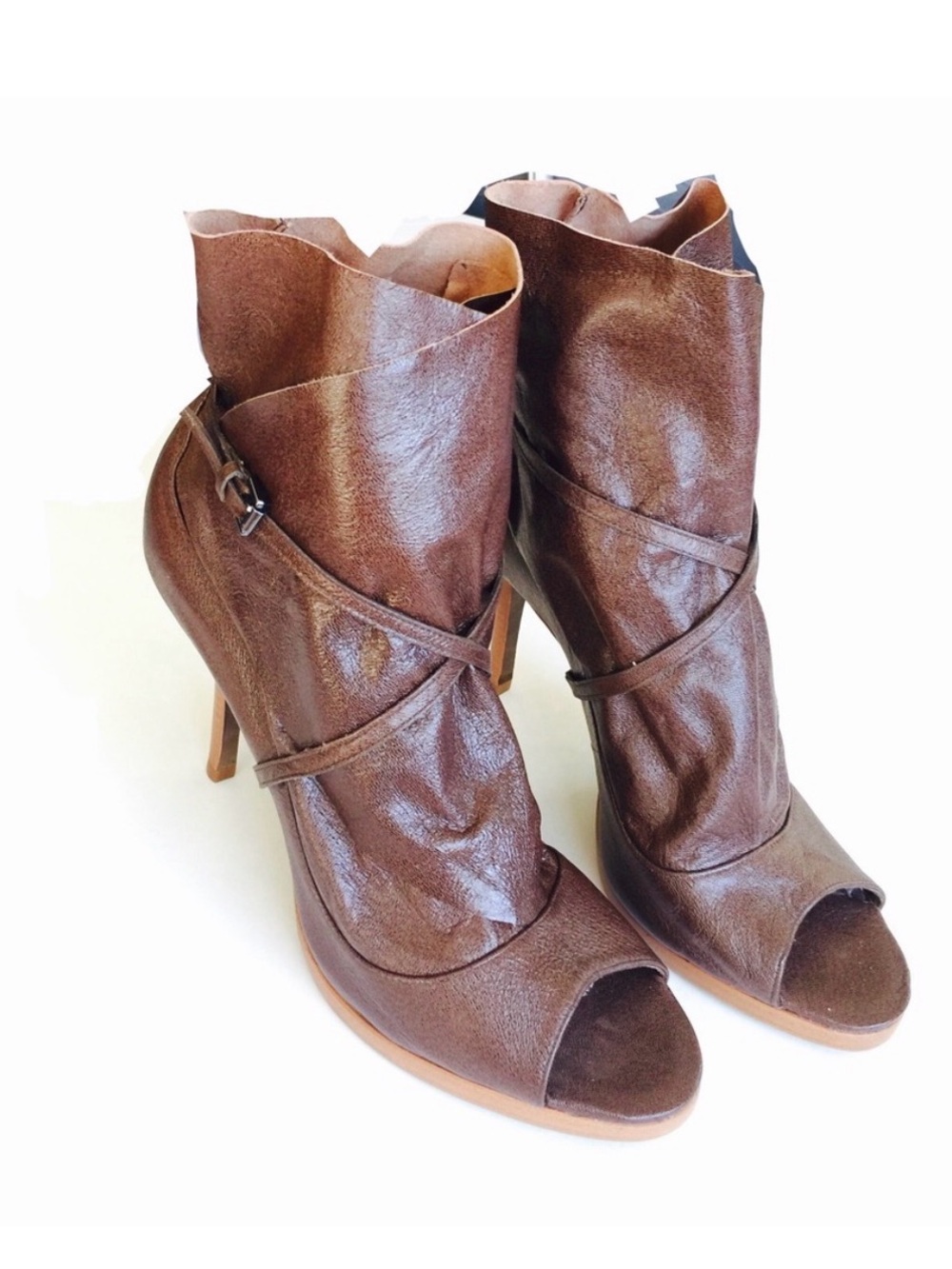 BCBGMaxAzria Brown Leather Peep-Toe Heeled Booties